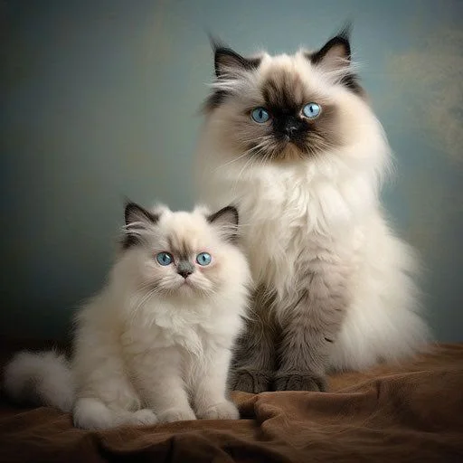 Adult Himalayan cat and kitten with cream fur, dark points and bright blue eyes