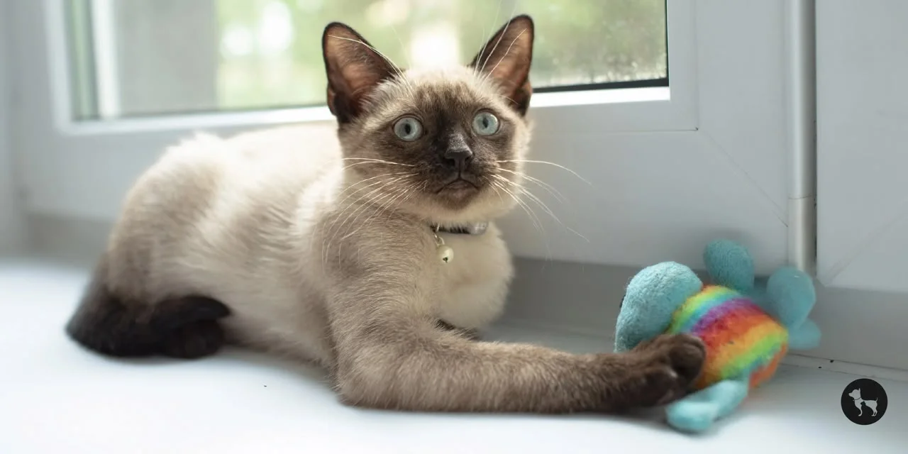Seal point Siamese cat with bright blue eyes lying by a window next to a toy