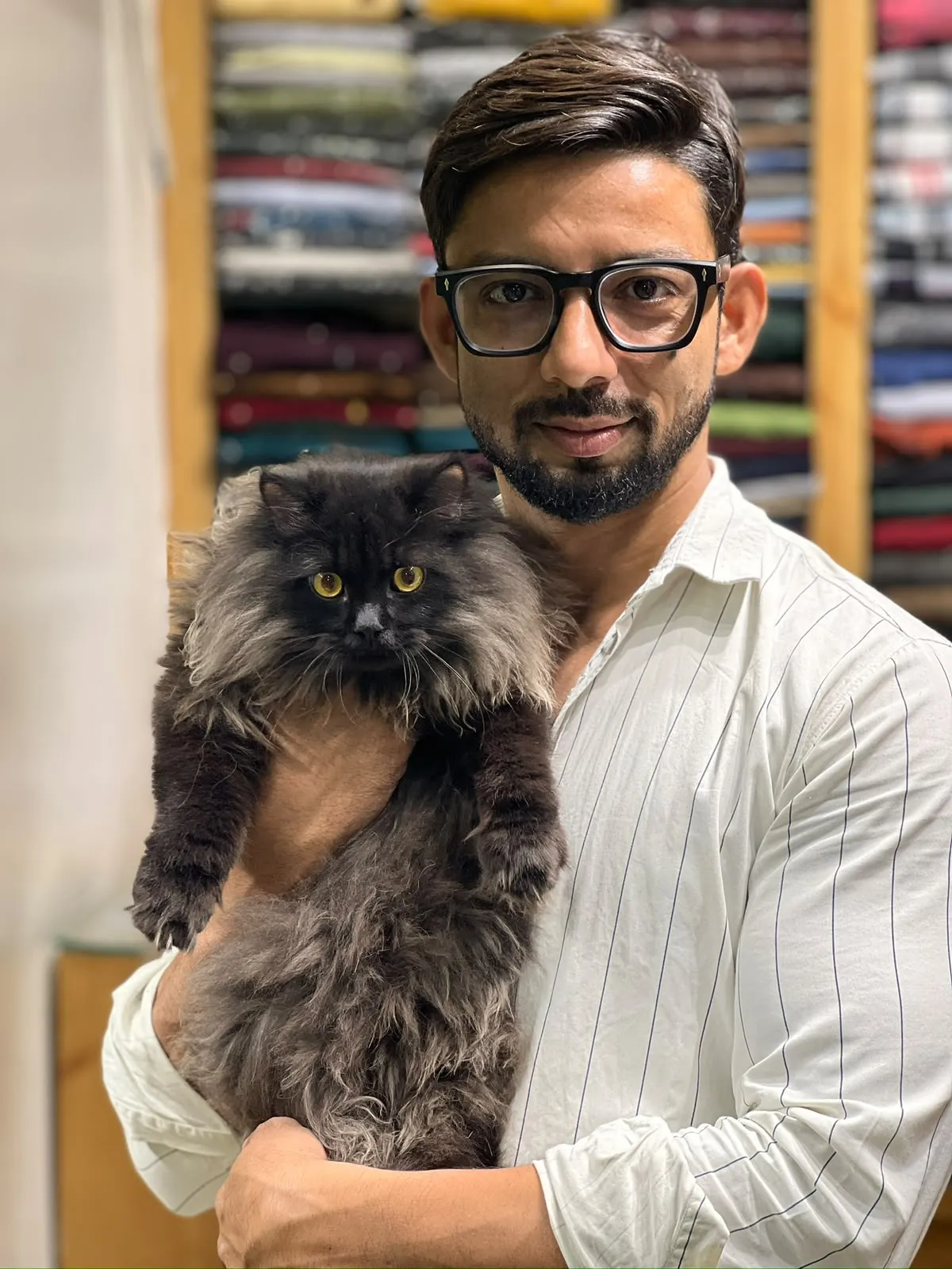 Owner holding a large fluffy grey Persian cat