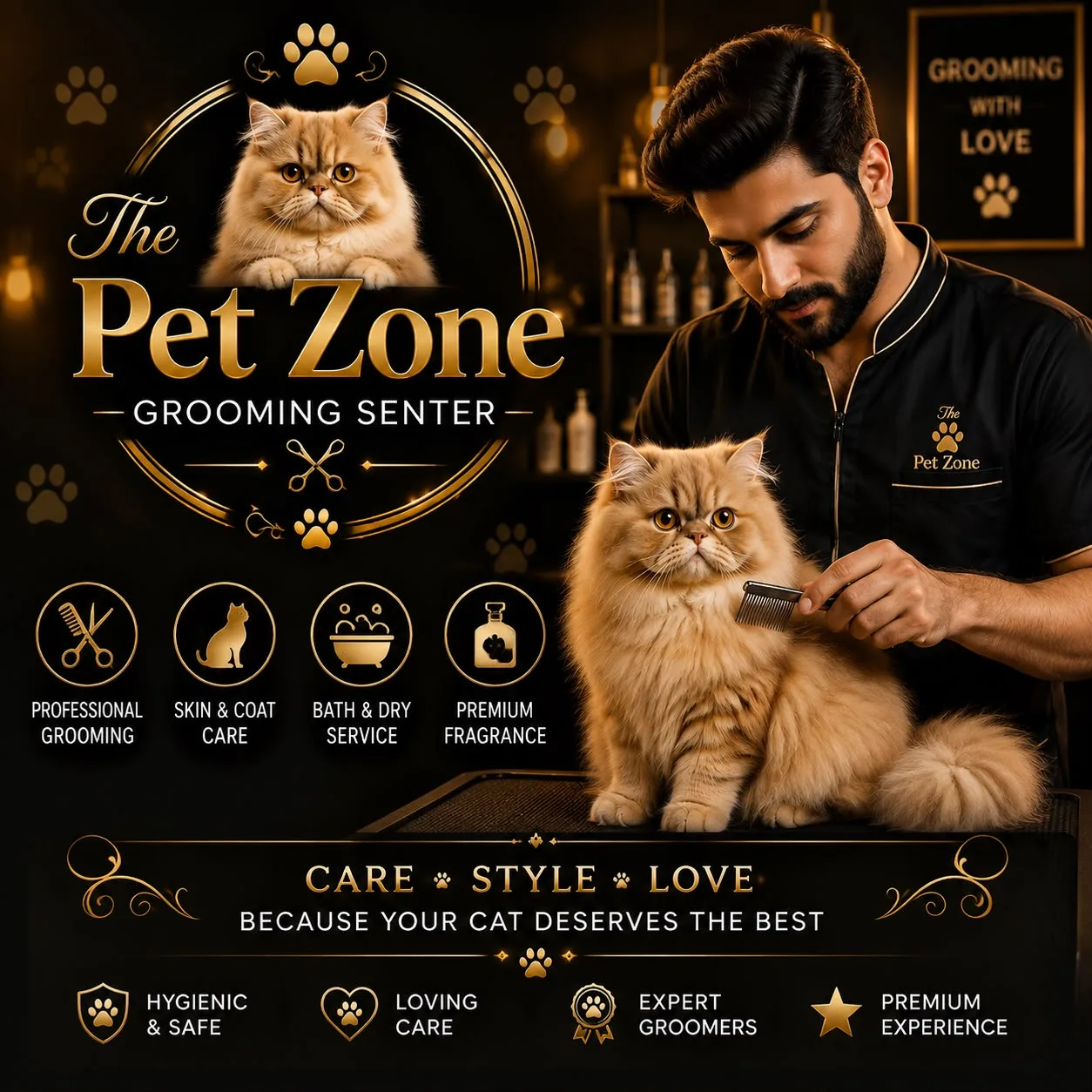 The Pet Zone grooming centre banner showing a groomer combing a cream Persian cat