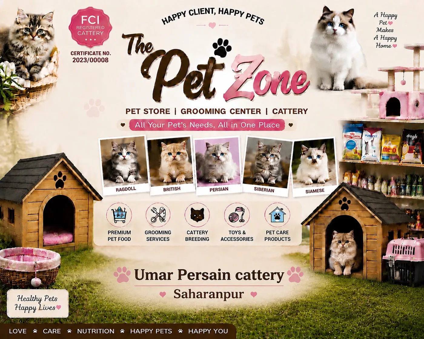 The Pet Zone banner showing pet store, grooming centre and cattery, with Ragdoll, British, Persian, Siberian and Siamese kittens